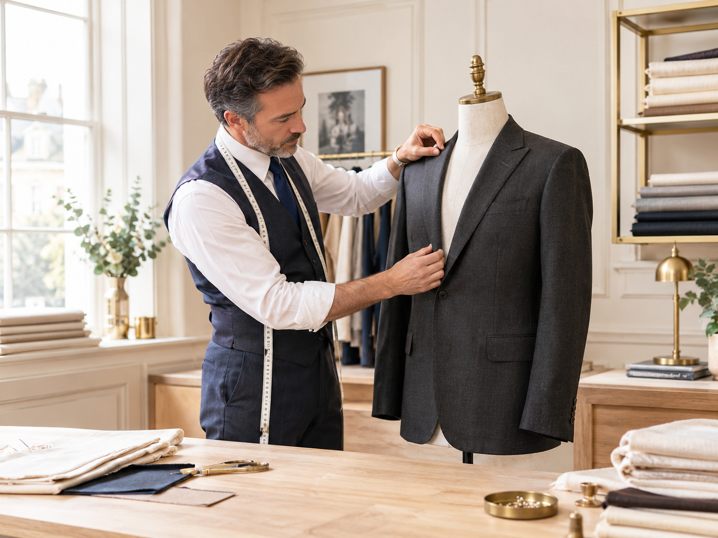 Tailor carefully working on a suit