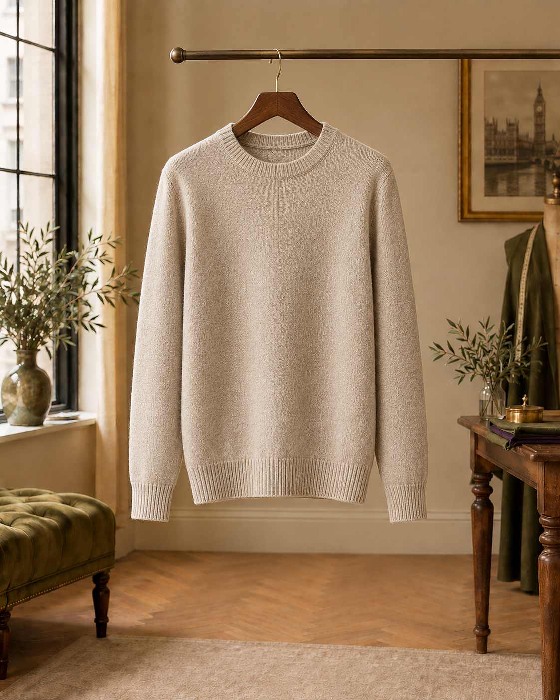 Oatmeal knitted jumper illustrating knitwear alteration and repair services