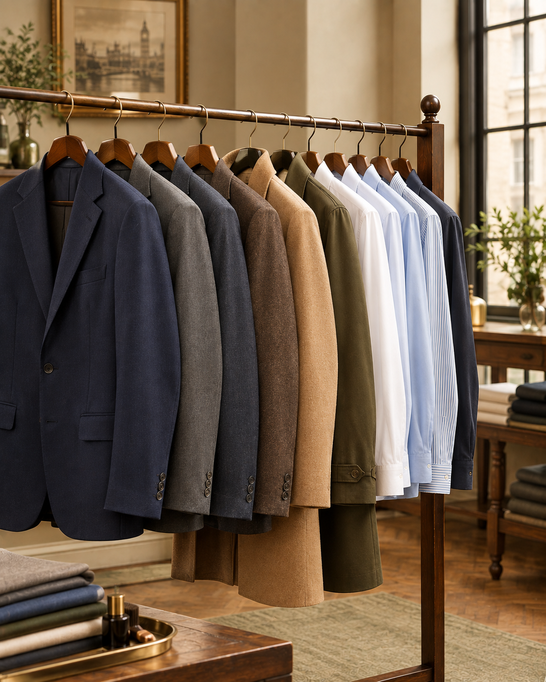 Cleaned and pressed garments arranged on a clothing rail