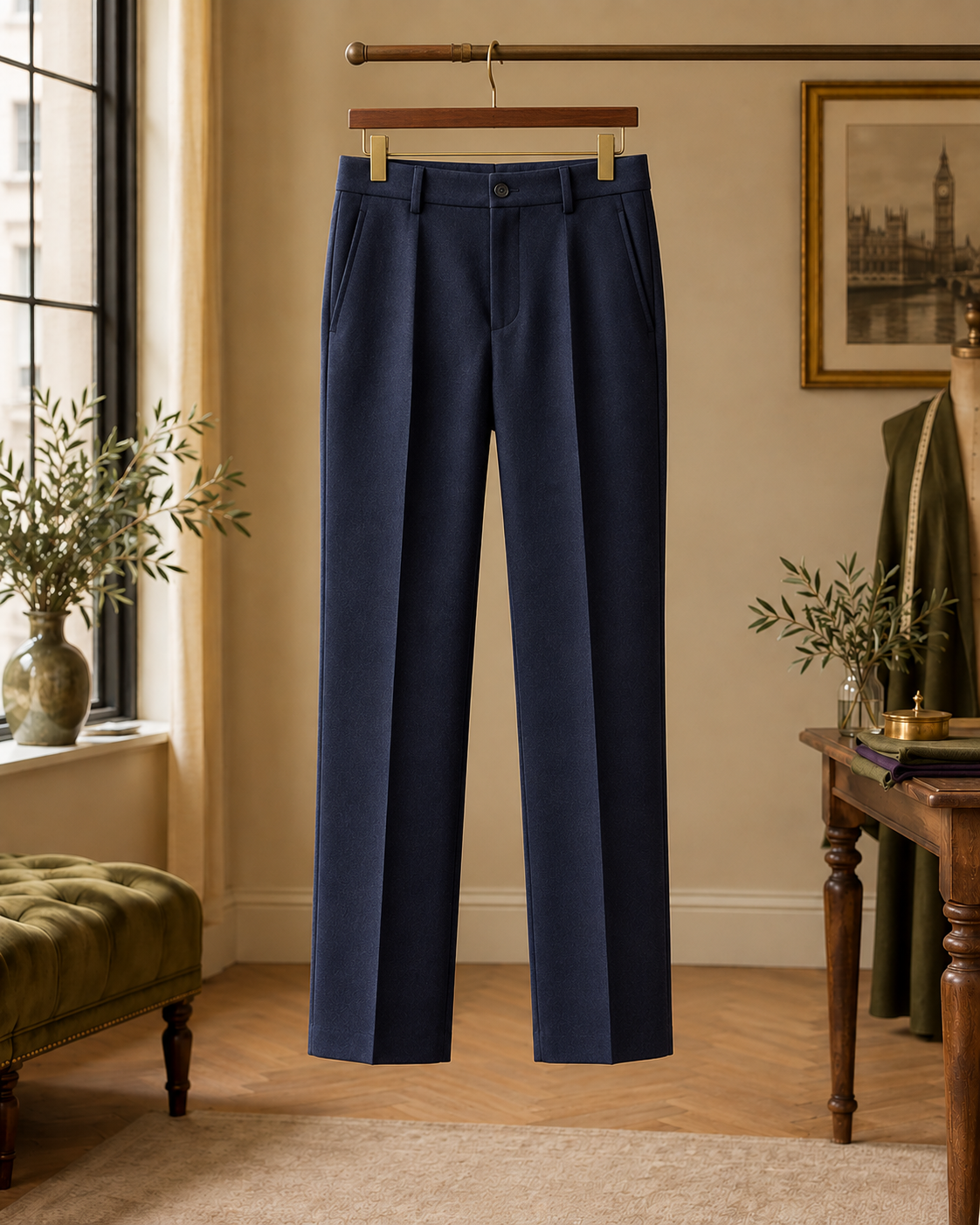Navy tailored trousers illustrating trouser fitting and alteration services