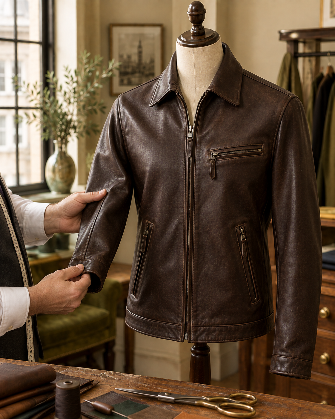 Leather jacket being inspected for specialist tailoring work